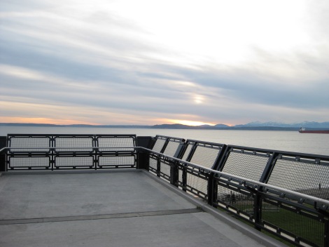 View of Elliot Bay and the Olympic Mountains from the W Thomas St Pedestrian & Bicycle Overpass